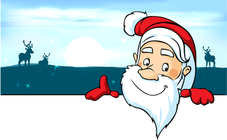 Santa and reindeer peeking around a white surface banner - vector illustration cartoon