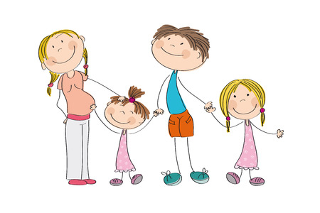 幸せな若い家族 オリジナル手妊娠中のお母さん お父さんと 2 人の子供 男の子と女の子 の描き下ろしイラストのイラスト素材 ベクタ Image 2558