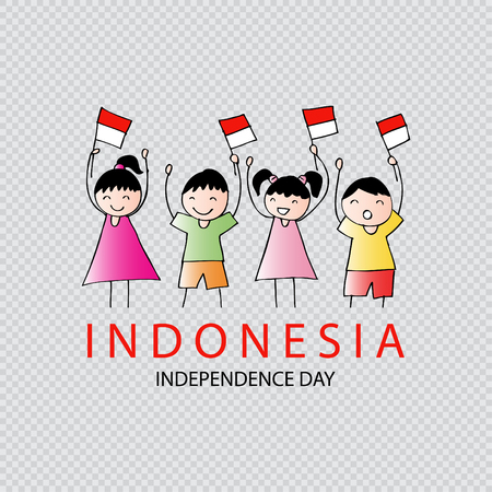 Hand Drawing Boy And Girl Holding Flag Independence Day Of