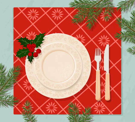 Assiettes sur la table de noël. couverts, serviette, décor de branches d'un arbre de noël et de baies. vecteur, plat, dessin animé. vue d'en-haut