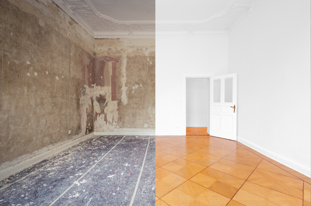 apartment room during renovation, before and after restoration /  refurbishment - 117800582