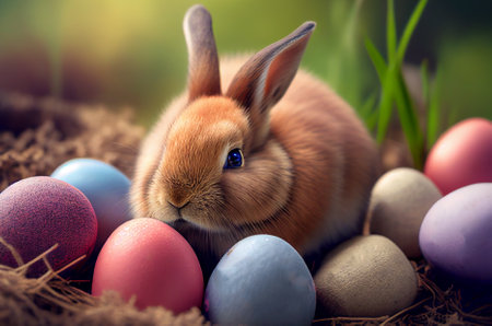Lapin mignon dans le nid avec des oeufs de pâques peints et des fleurs, fond festif de vacances, concept de joyeuses pâques Banque d'images