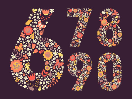 かわいい花柄ヴィンテージ数字セット 落書きの花 葉 蝶形の カード 子供のイラスト 招待状 結婚式のための装飾の挨拶します 1 2 3 4 5 の イラスト素材 ベクタ Image
