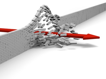 Red arrow breaking through brick wall, concept of success, breakthrough, achievement photo