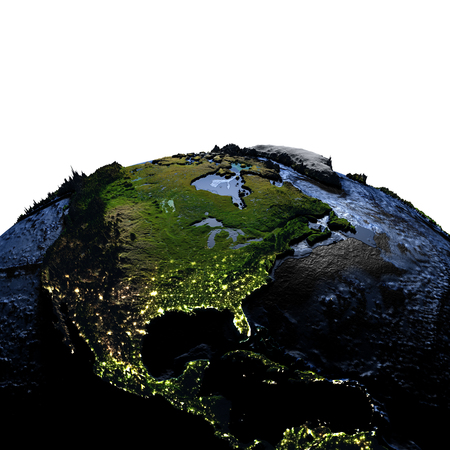 夜の海の底を含む誇張された表面の特徴と地球の模型の南米 3 D イラストや目に見える街の明かり の写真素材 画像素材 Image