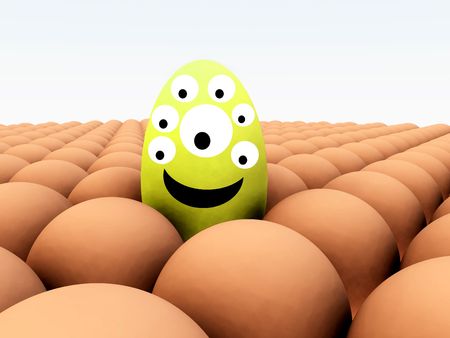 A Unique Humorous Egg Creature That Is With Pile Of Conformist Identical Eggs