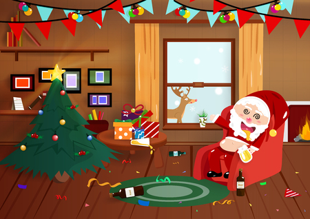 Santa Claus drunk on Christmas night, flat interior, party celebration cartoon poster, postcard, winter holiday season background vector illustration