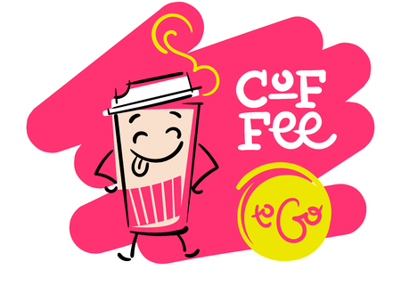 幸せな紙コーヒー カップのコーヒーに行くと 面白いカラフルな手イラスト 文字はジャンプ 漫画のスタイル コーヒー ショップやカフェ メニューのロゴのグラフィック フラット のイラスト素材 ベクタ Image