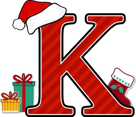 capital letter k with red santa's hat and christmas design elements isolated on white background. can be used for holiday season card, nursery decoration or christmas paty invitation