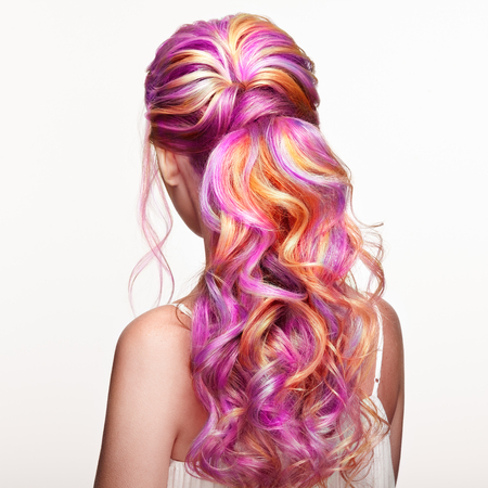 Beauty fashion model girl with colorful dyed hair. girl with perfect hairstyle. model with perfect healthy dyed hair. rainbow hairstyles