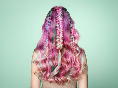 Beauty fashion model girl with colorful dyed hair. girl with perfect hairstyle. model with perfect healthy dyed hair. rainbow hairstyles