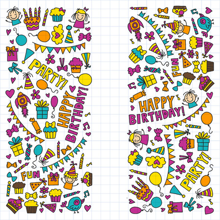 キッズ パーティー子供誕生日落書きスタイル イラスト子供 キャンディー バルーン 男の子 女の子のアイコンをベクトルします のイラスト素材 ベクタ Image