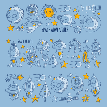 スペース 衛星 月 星 宇宙船 宇宙ステーションのスペース手描き 落書きアイコンとパターンのイラスト素材 ベクタ Image