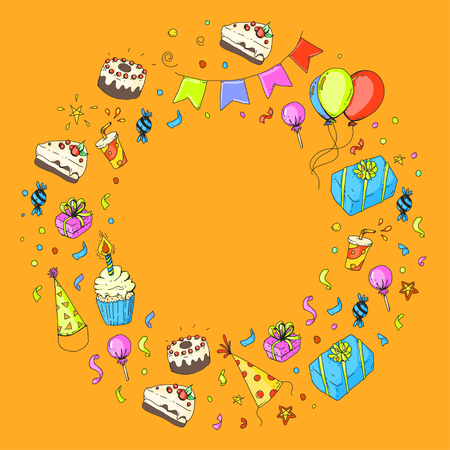 Fete D Anniversaire Enfants De La Maternelle Enfants Dessin Invitation A Une Fete Avec Garcons Et Filles Bonbons Et Ballons Clip Art Libres De Droits Vecteurs Et Illustration Image