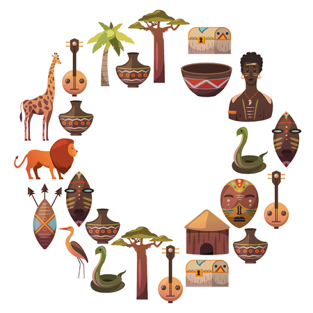 アフリカ ポスター用のフレーム アフリカの民族アイコンへの旅行 部族のイラスト アフリカのマスク 動物 家 ヤシの木バオバブのイラスト素材 ベクタ Image