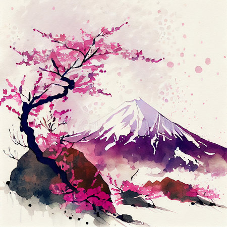 水墨画 山水風景 漁師 桜の木 オリエンタル桜桜と富士山の開花枝。伝統的な東洋の水墨画墨絵