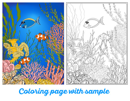 Adult Coloring Book Page With Underwater World Coral Reef Colored Sample Corals