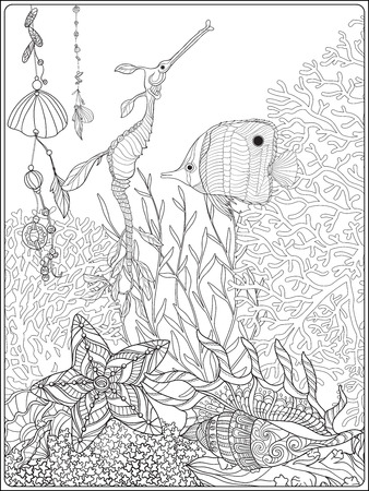 Outline Drawing Coloring Page Coral Reef Collection Corals Fish And Sea Shells On Bottom Composition Vector Illustration