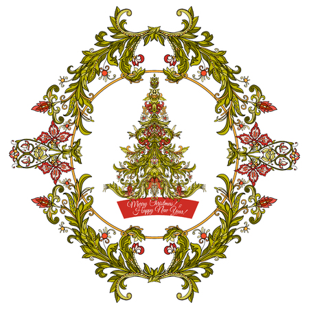 Sapin De Noel Decoratif Dans Le Style Medieval Bon Pour Carte De Voeux Pour Anniversaire Invitation Ou Banniere Illustration Vectorielle De Ligne Stock Clip Art Libres De Droits Vecteurs Et Illustration