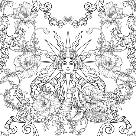 水仙 アネモネ ロココ様式の装飾が施された植物のビンテージ スタイルのスミレのシームレスなパターン 手描きの大人の塗り絵の着色のページの概要を説明します ストック ライン ベクトル イラスト のイラスト素材 ベクタ Image