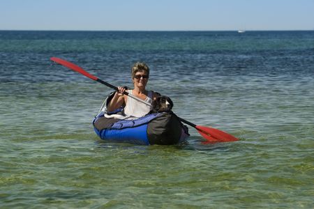 kayak woman and dog stock photo picture and royalty free image