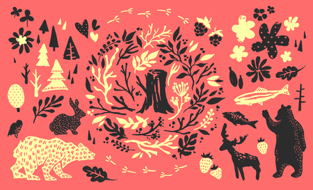 北方林の手書き要素 手描き北欧セット 動物 花柄 花 枝 果実 木のベクトルのコレクションです クマ シカ 魚 ウサギ 鳥のシルエット のイラスト素材 ベクタ Image