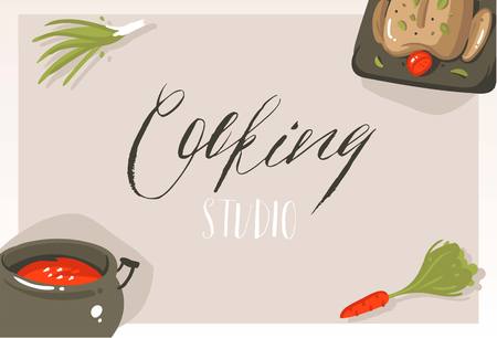 手描きベクター抽象現代漫画料理教室コンセプトイラスト食べポスターカード 野菜 手書き書き家族のレシピは灰色の背景に隔離のイラスト素材 ベクタ Image