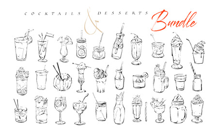 Hand drawn vector graphic textured artistic bar menu ink collection set sketch illustrations drawing bundle of alcohol and sweet desserts cocktails drinks in glass isolated on white background - 112874067