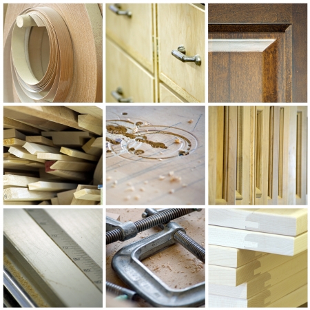 Cabinetry Collage, Made Up Of Various Woodworking And Tool Images