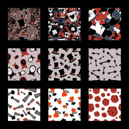 アリス不思議の国からのシームレスなパターンのセットです お茶会 誕生日 子供のパーティ 壁紙 パターンの塗りつぶし Web ページの背景 表面テクスチャのベクターのシームレス テクスチャを使用できます の写真素材 画像素材 Image