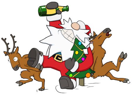 Christmas party celebration, reindeer pushing drunk Santa forward humorous cartoon illustration, horizontal, over white, isolated