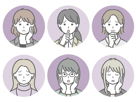 Troubled woman round icon set clothes suitable for work