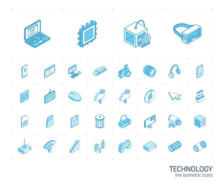 Isometric Line Icon Set. 3d Vector Colorful Illustration With Technology, Digital Symbols. Cloud Computing, Print, Vr Glasses, 4k Resolution And Wireless Colorful Pictogram Isolated On White