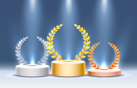 Stage podium with lighting, stage podium scene with for award ceremony on blue background, vector illustration Stock Photo