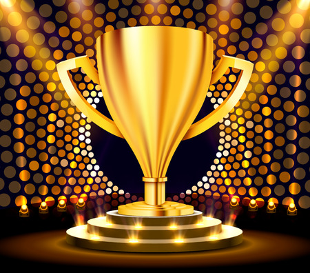 Realistic golden trophy on round podium with white carpet illuminated with spotlight. award ceremony concept. stage backdrop. vector illustration Stock Photo