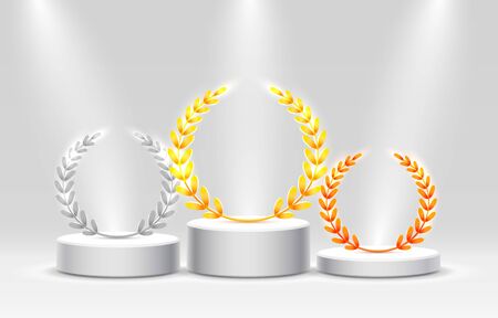 Stage podium with lighting, stage podium scene with for award ceremony on gray background, vector illustration