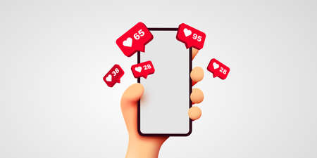 Cute 3d cartoon hand holding mobile smartphone with likes notification icons on white background. social media and marketing concept. Banco de Imagens