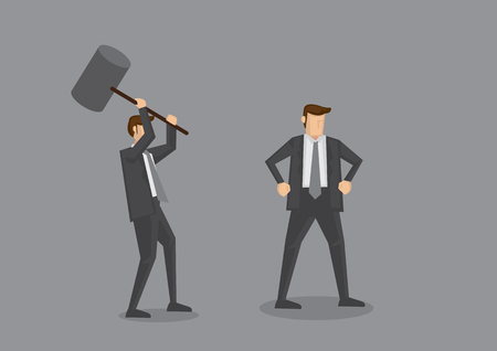 他の知らない男をハンマーする準備ができて巨大な木槌を持って漫画実業家 灰色の背景に分離されたオフィス政治概念の創造的な漫画のキャラクター のイラスト素材 ベクタ Image 57808535