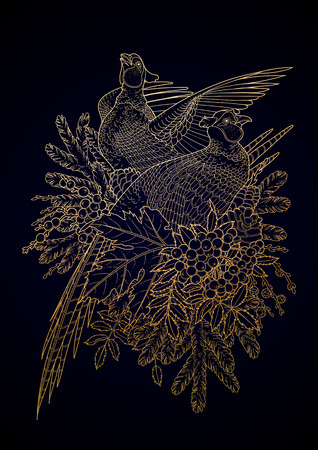 2 キジ 松スグリとグラフィック アートの枝線アート スタイルで描かれました 黄金色のベクター デザインのイラスト素材 ベクタ Image 2 キジ 松スグリとグラフィック アートの枝線アート スタイルで描かれました 黄金色のベクター デザインのイラスト素材 ベクタ Image
