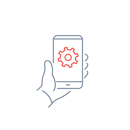 設定でベクトルの線形電話や技術アイコン ギア手に携帯電話の画面上のアイコン フラットなデザインの細い線モダンな黒イラストや白い背景の上のインフォ グラフィック のイラスト素材 ベクタ Image 設定でベクトルの線形電話や技術アイコン ギア手に携帯電話の画面上のアイコン フラットなデザインの細い線モダンな黒イラストや白い背景の上のインフォ グラフィック のイラスト素材 ベクタ Image