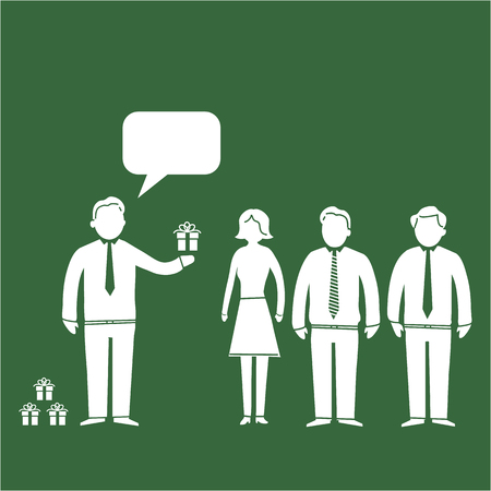 キューに立って ボス ベクトル アイコンからクリスマス プレゼントを貰っての従業員 黒のフラット デザイン ビジネス ピクトグラム イラストや白い背景で隔離のインフォ グラフィック のイラスト素材 ベクタ Image