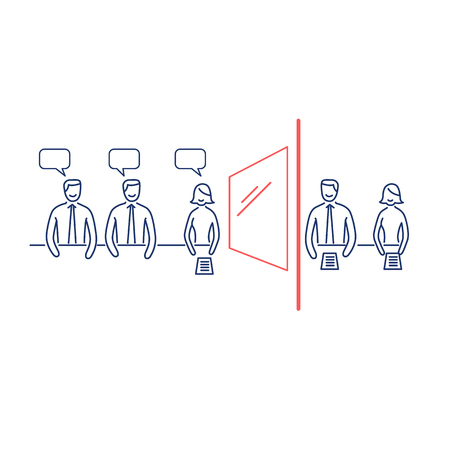 会議室で 第 2 ミラーの後ろを議論する人々 のグループと研究方法をマーケティングの概念ベクトル フォーカス グループ アイコン モダンなフラット デザイン ビジネス線形イラストやインフォ グラフィック コンセプト青の背景に のイラスト素材 ベクタ Image