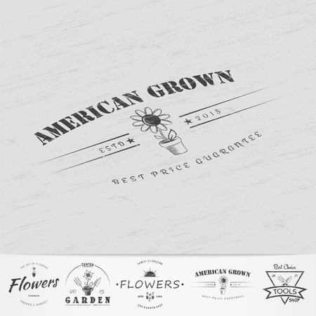 花を育てる農場 園芸ツールのお店です ガーデン センターは ヴィンテージのラベルのセット モノクロ印刷ラベル ステッカー ロゴとバッジ フラットのベクトル図 のイラスト素材 ベクタ Image