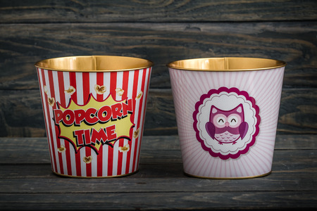 Decorative Metallic Popcorn Boxes On Blue Wooden Background Stock Delectable Decorative Popcorn Boxes Decorative Metallic Popcorn Boxes On Blue Wooden Background Stock Delectable Decorative Popcorn Boxes
