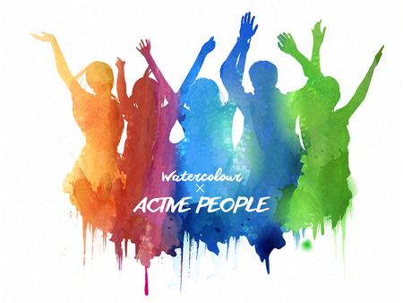 Watercolor jumping silhouette, people in the concert or carnival in watercolor style. Иллюстрация