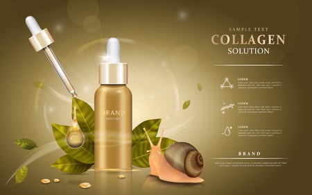 Snail extract cosmetic ads, droplet bottle with ingredients - snail and leaves. 3D illustration.