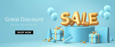Great discount sale banner design in 3d illustration on blue background, sale word balloon on podium with credit card, shopping bag and gift design elements