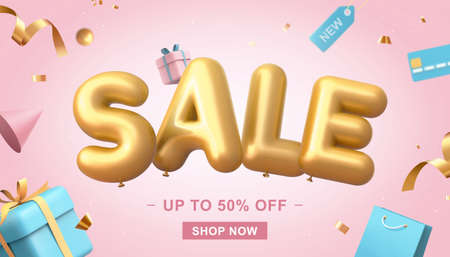 3d illustration of sale banner on pink background, sale word balloon with credit card, shopping bags, gift box, price tag and confetti elements flying around