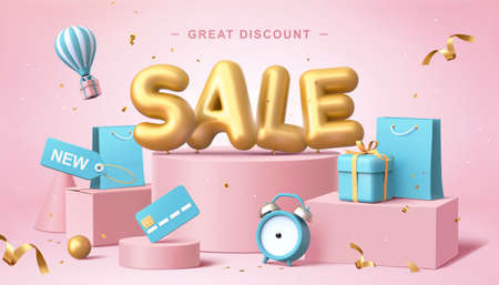 Sale poster in 3d pastel illustration, with cute balloon word on podium with some shopping related elements