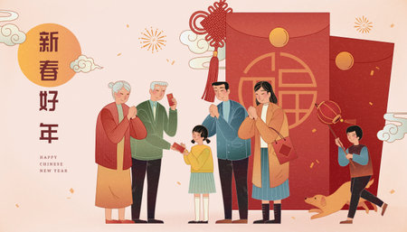 Pancarta de celebración 2021. familia asiática haciendo gestos de saludo con grandes sobres rojos a un lado. traducción: feliz año nuevo chino Ilustraciones vectoriales